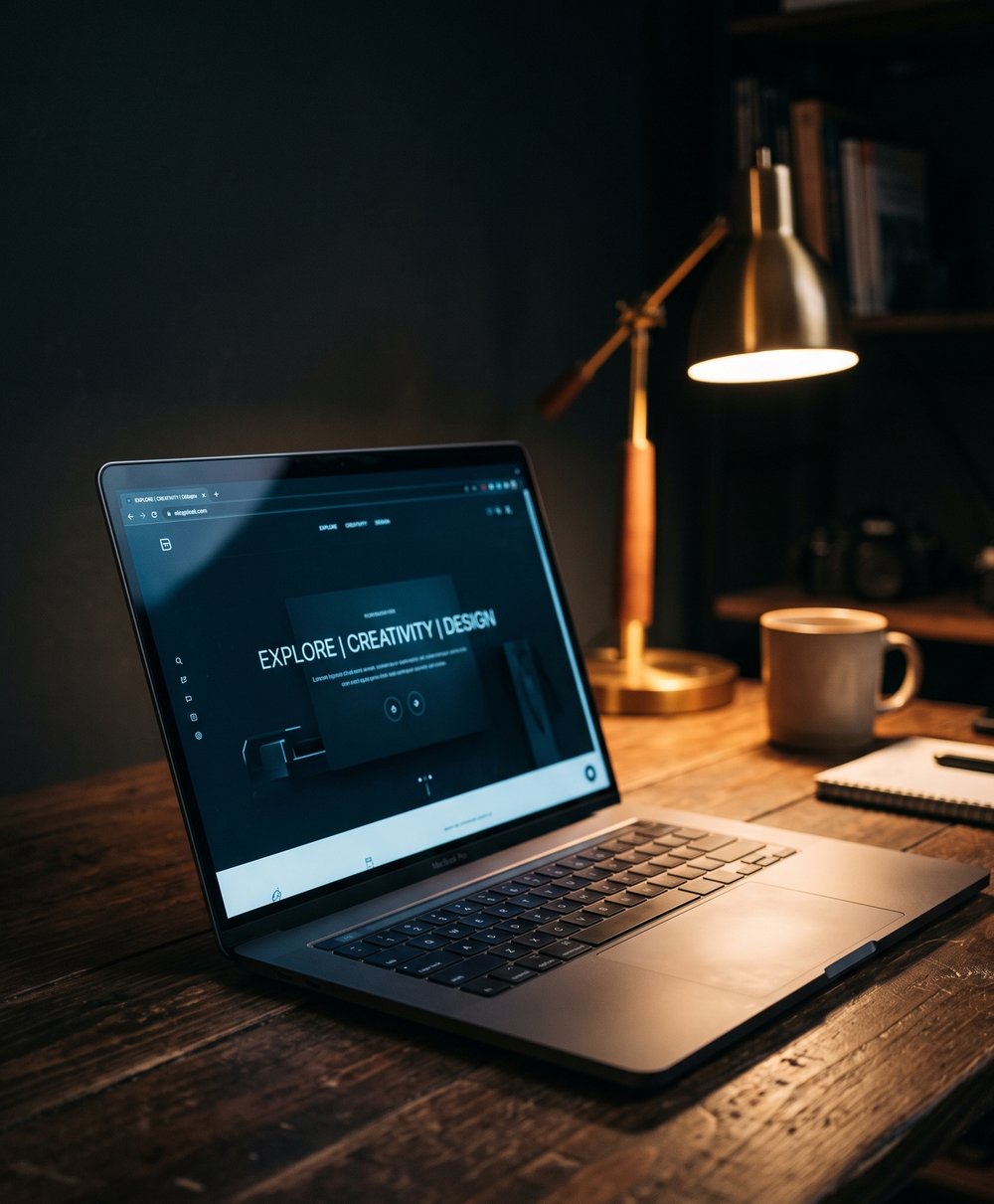Laptop und Monitor an einem dunklen Schreibtisch